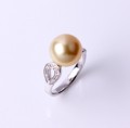 Pearl Ring with Natural Golden South Sea Pearl & Diamonds, 11.0-10.0mm, 18KW