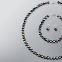 Pearl Necklace, Earrings and Bracelet set with Treated Black Freshwater Pearls